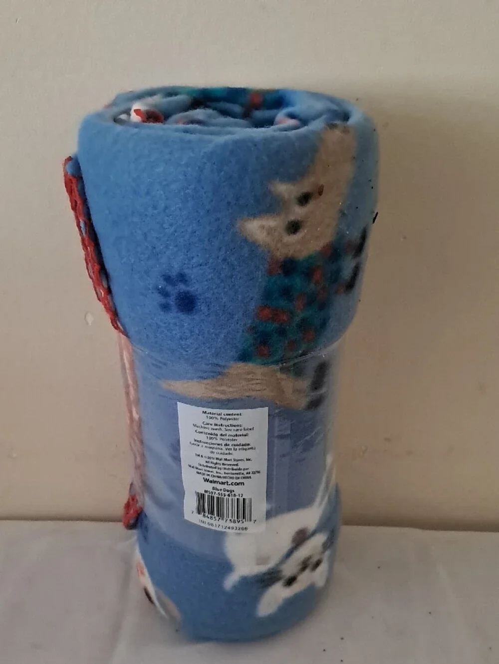 Mainstays Blue Fleece Throw Blanket with Dog Motif and Red Whipstitch